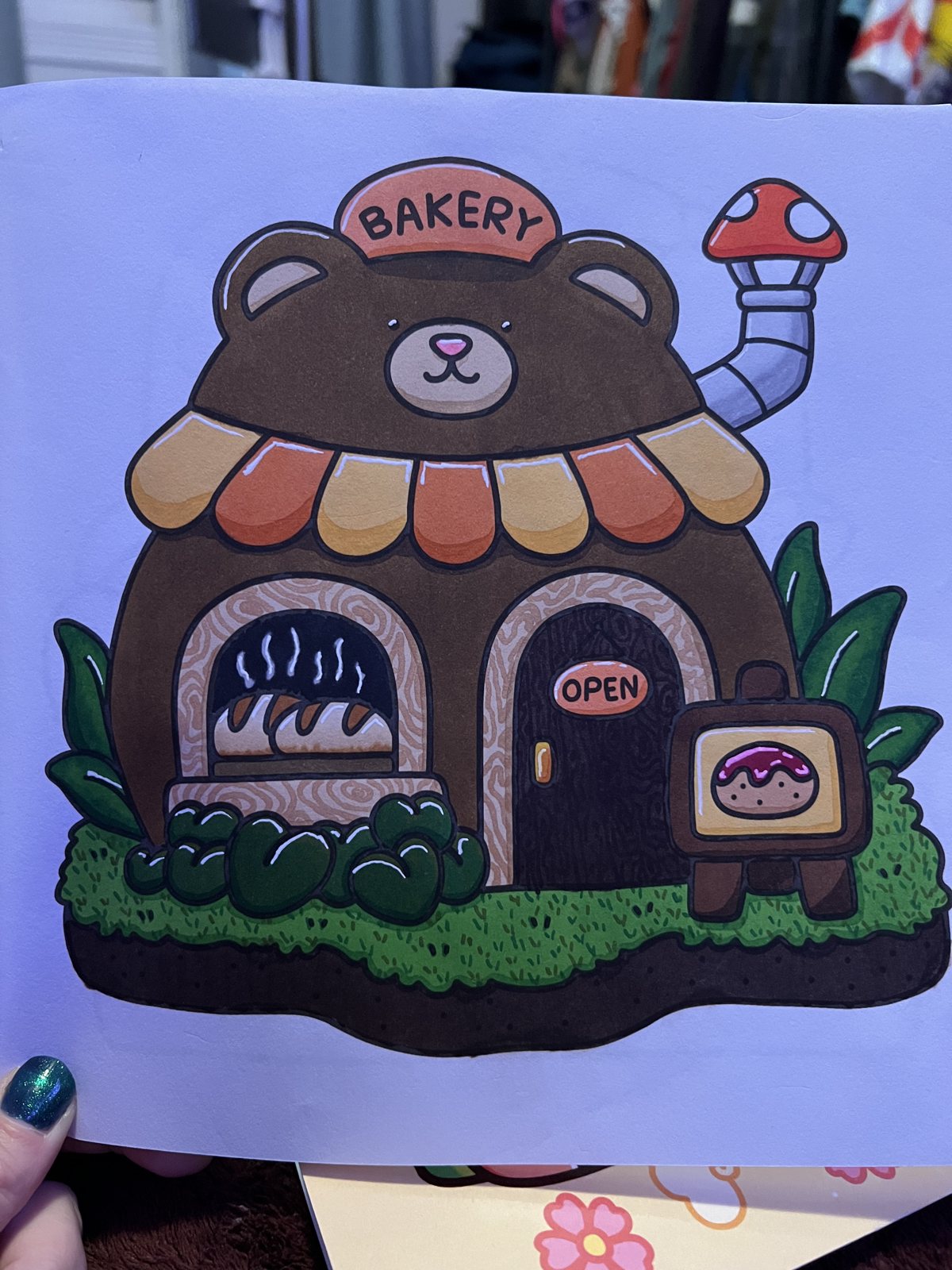 My finished coloring page: bear bread bakery