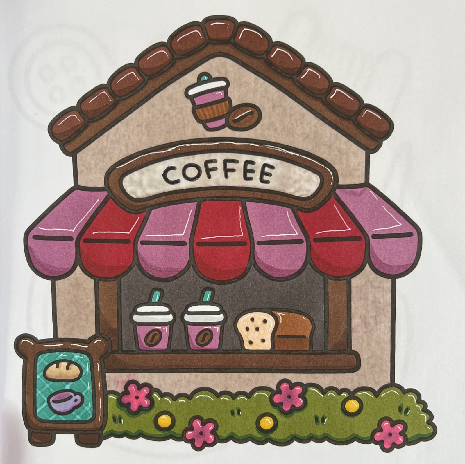 My finished coloring page: the coffee shop