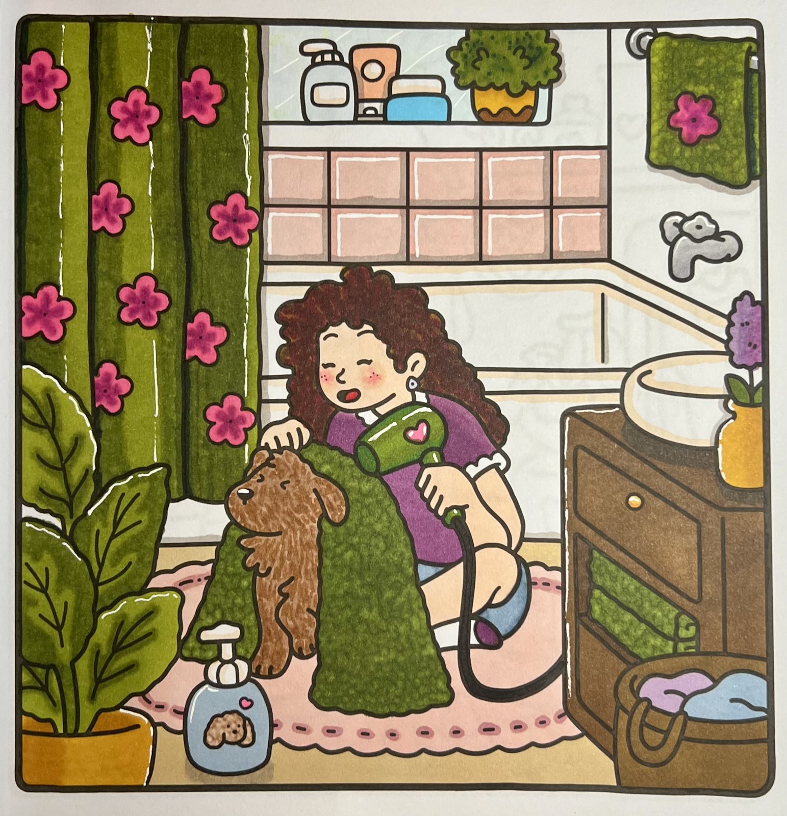 My finished coloring page: doggy bath