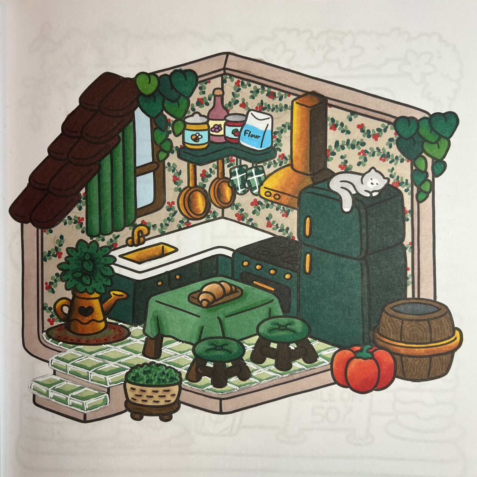 My finished coloring page: green kitchen